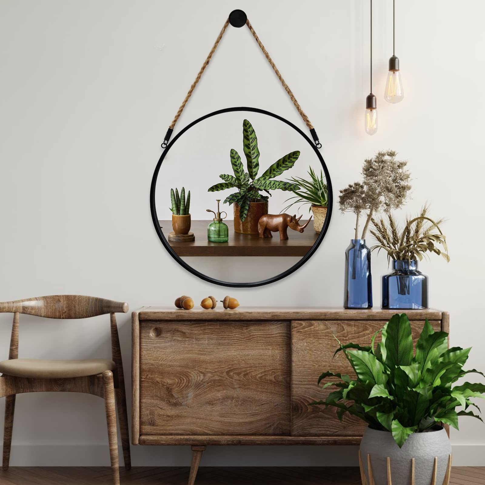 POZINO rope hanging mirror with black frame above console