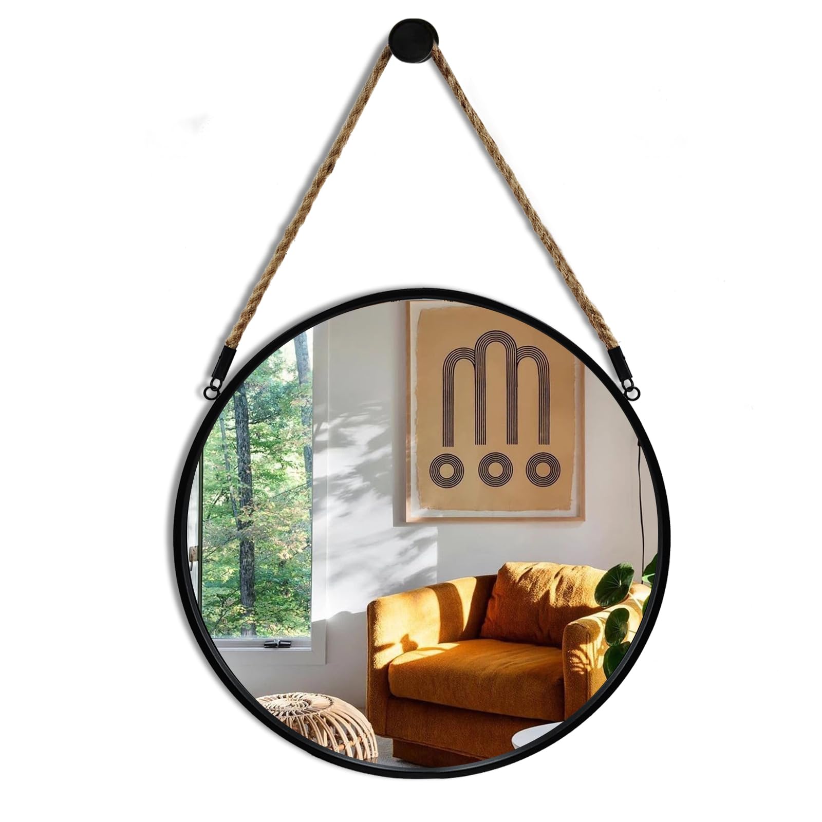 POZINO round mirror 15inch rope hanging enhances small wall spaces with clear reflection
