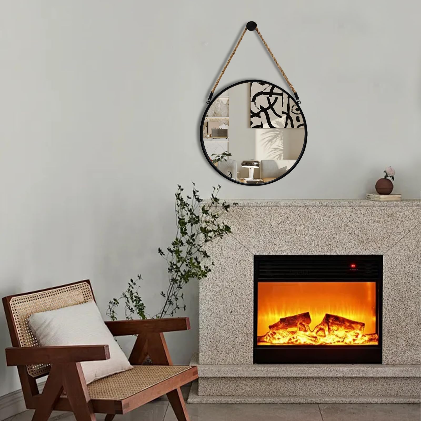 POZINO round mirror black metal frame adds bold style to any room