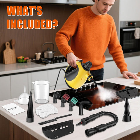 Pozoera handheld steam cleaner extension hose reaches tight spaces.