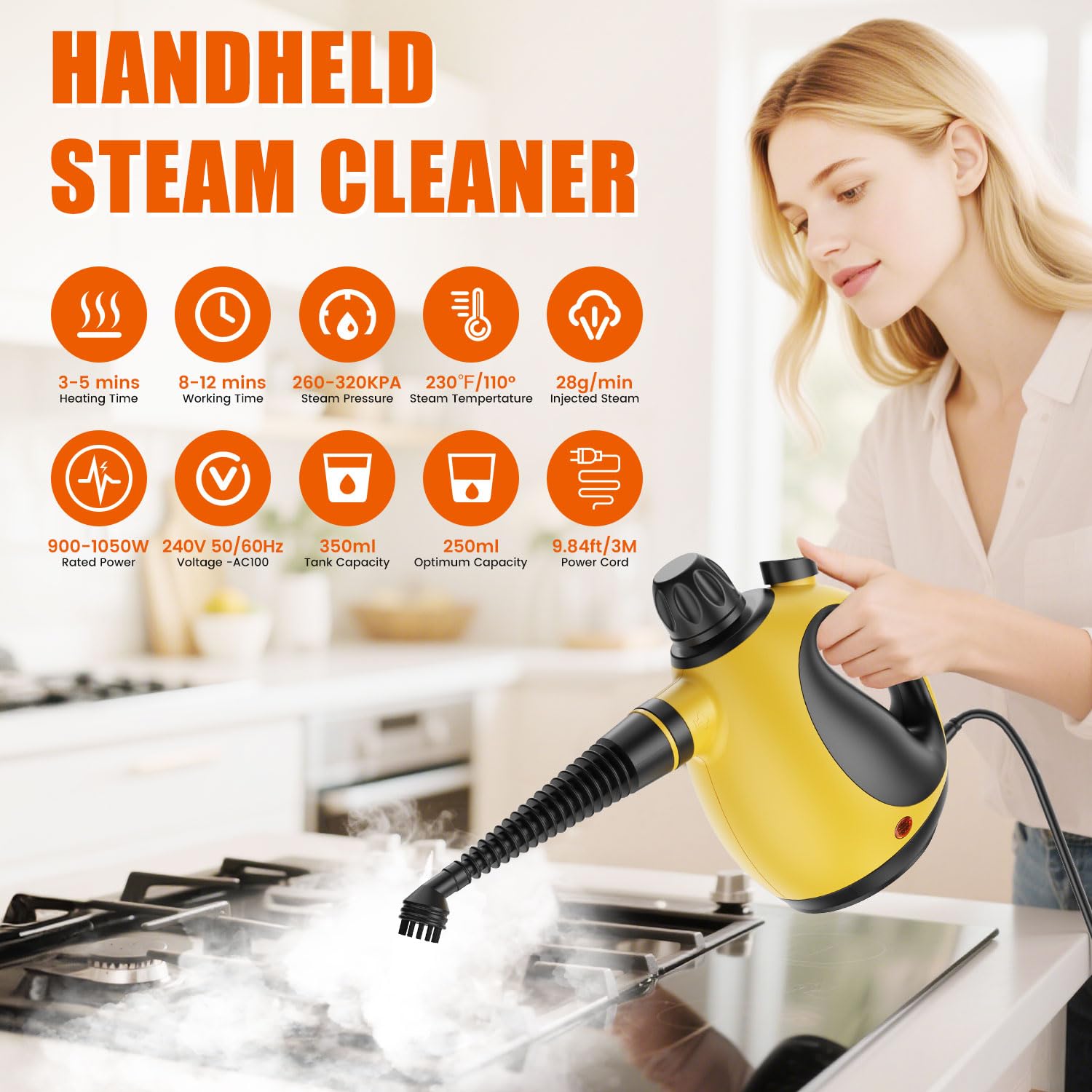 Pozoera handheld steam cleaner demonstrates kitchen cleaning with high-temperature steam.