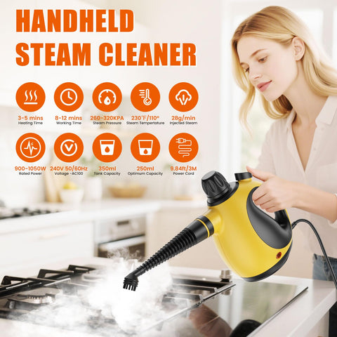 Pozoera handheld steam cleaner demonstrates kitchen cleaning with high-temperature steam.