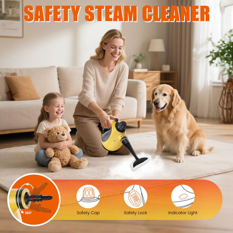 Pozoera handheld steam cleaner uses grout brush to refresh tile lines.
