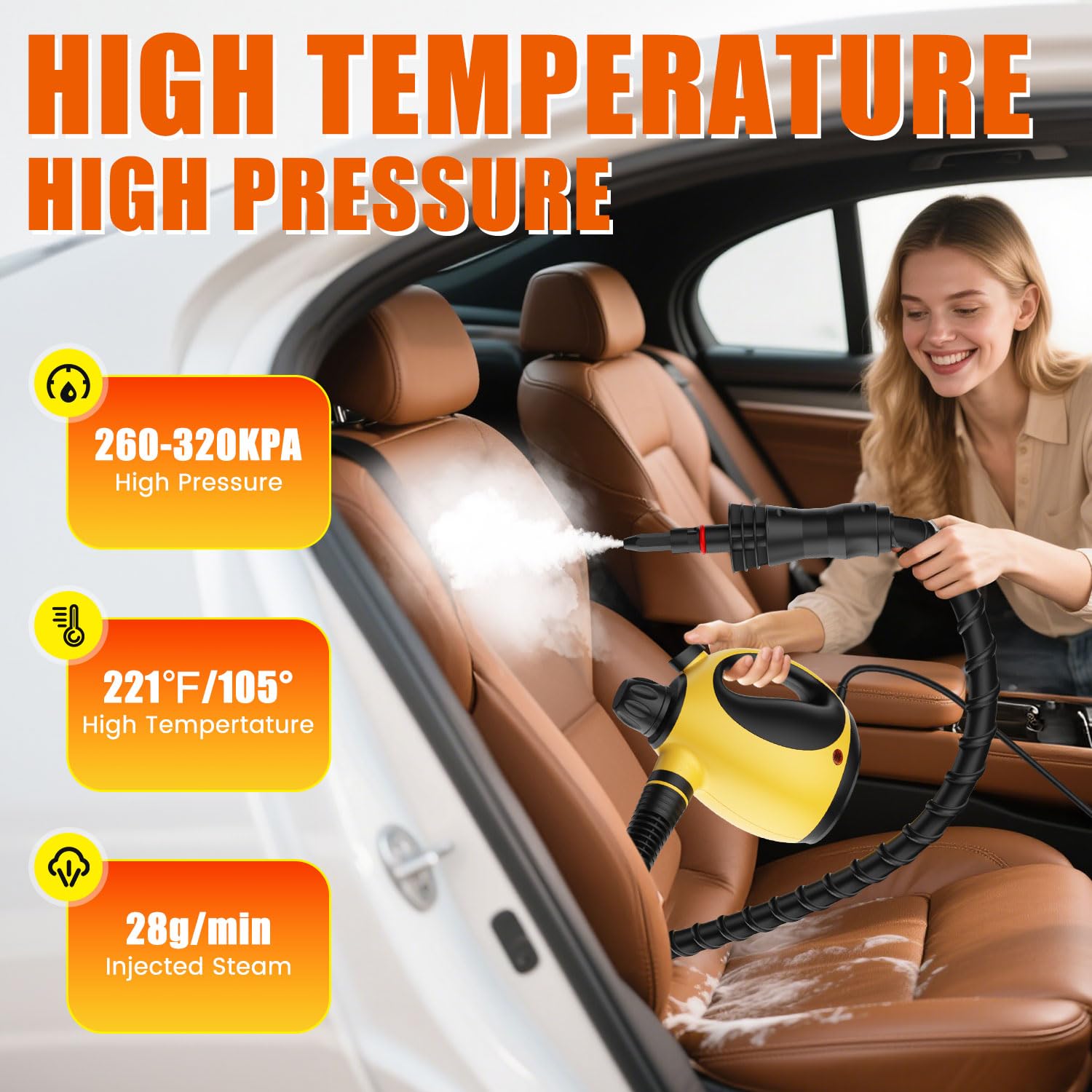 Pozoera handheld steam cleaner with window squeegee for clear panes.