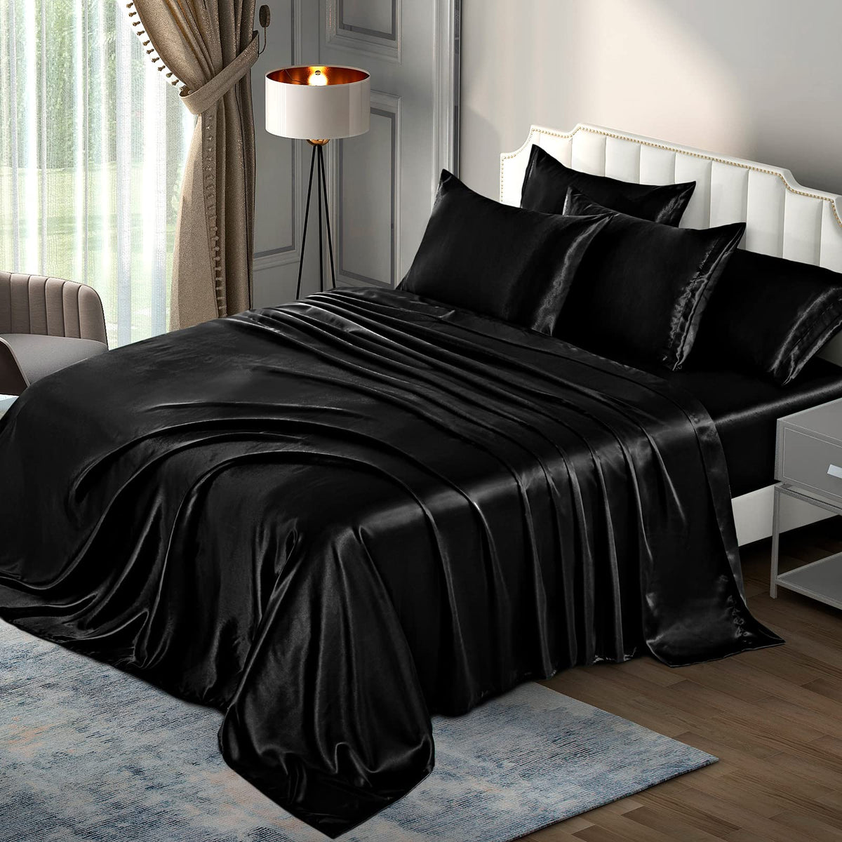 P Pothuiny satin sheets king 6-piece set on bed delivers silky softness and year-round comfort.
