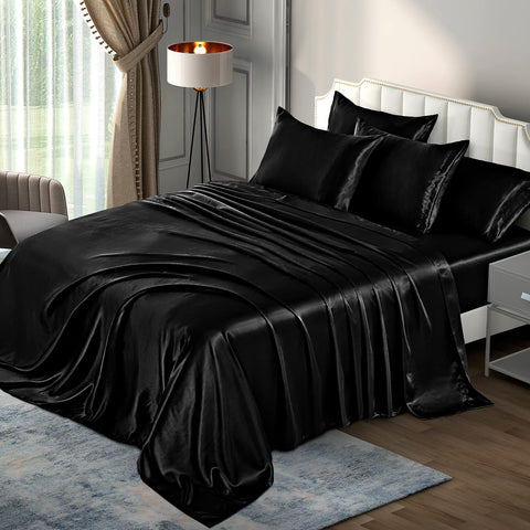 P Pothuiny satin sheets king 6-piece set on bed delivers silky softness and year-round comfort.