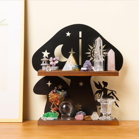Pracaniz shelf-mounted mushroom display showcasing essential oils in rustic charm.
