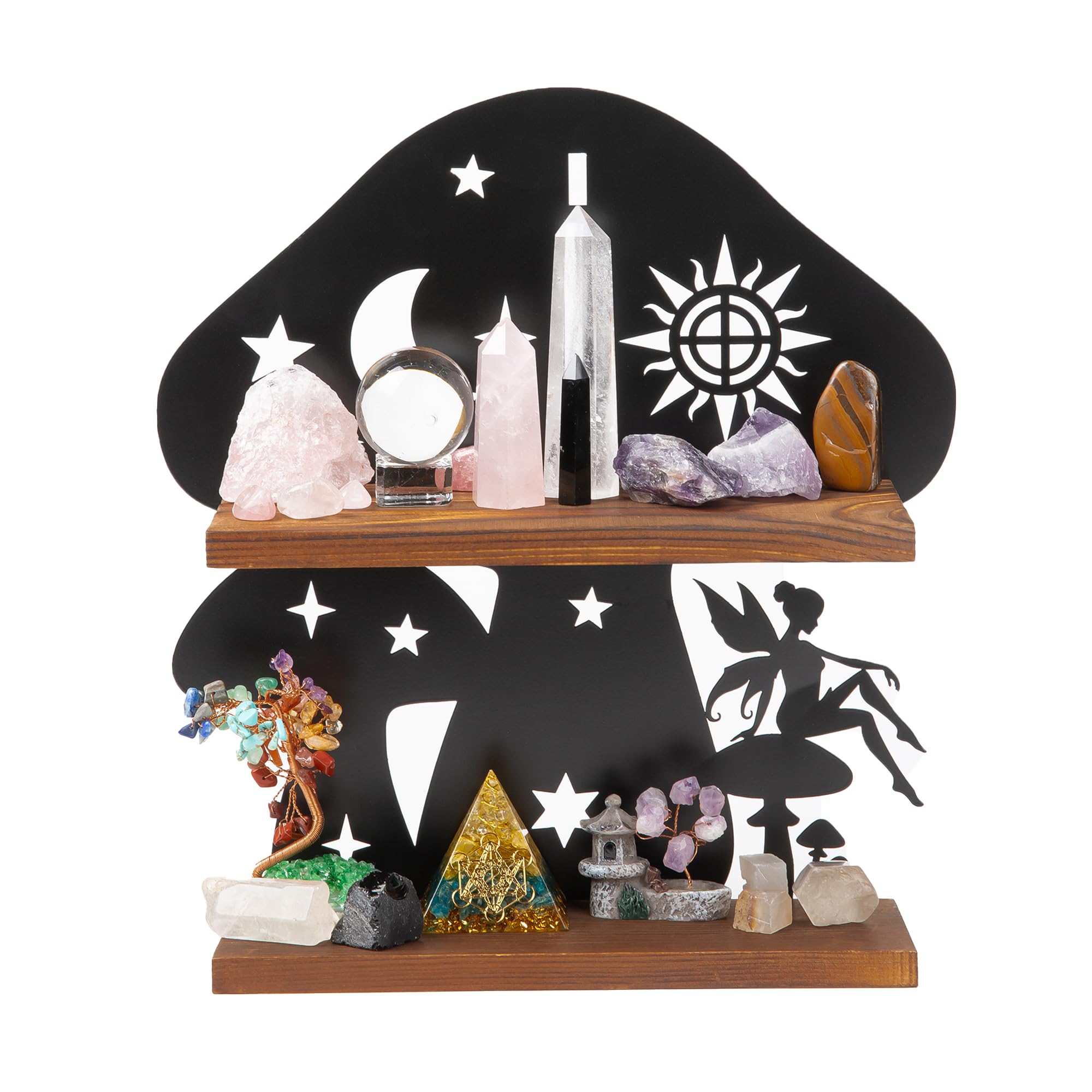 Pracaniz wooden mushroom shelf on wall with iron backing for crystal display.
