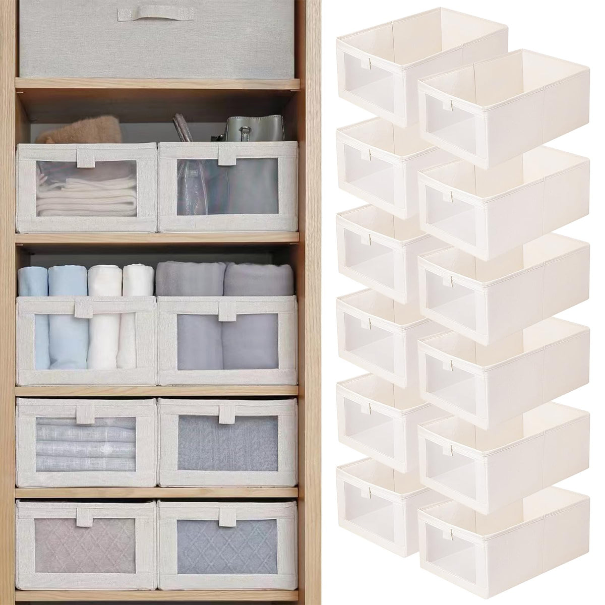 Pradnel linen closet bin with a clear window for quick item visibility and retrieval.