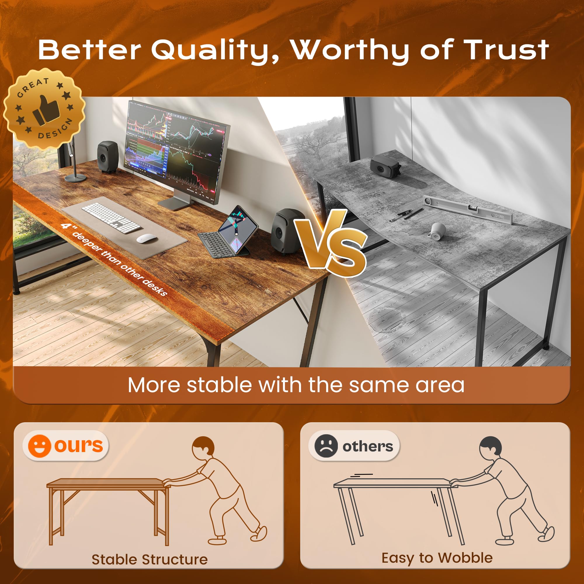 PRAISUN adjustable-feet-desk stays level on uneven floors.
