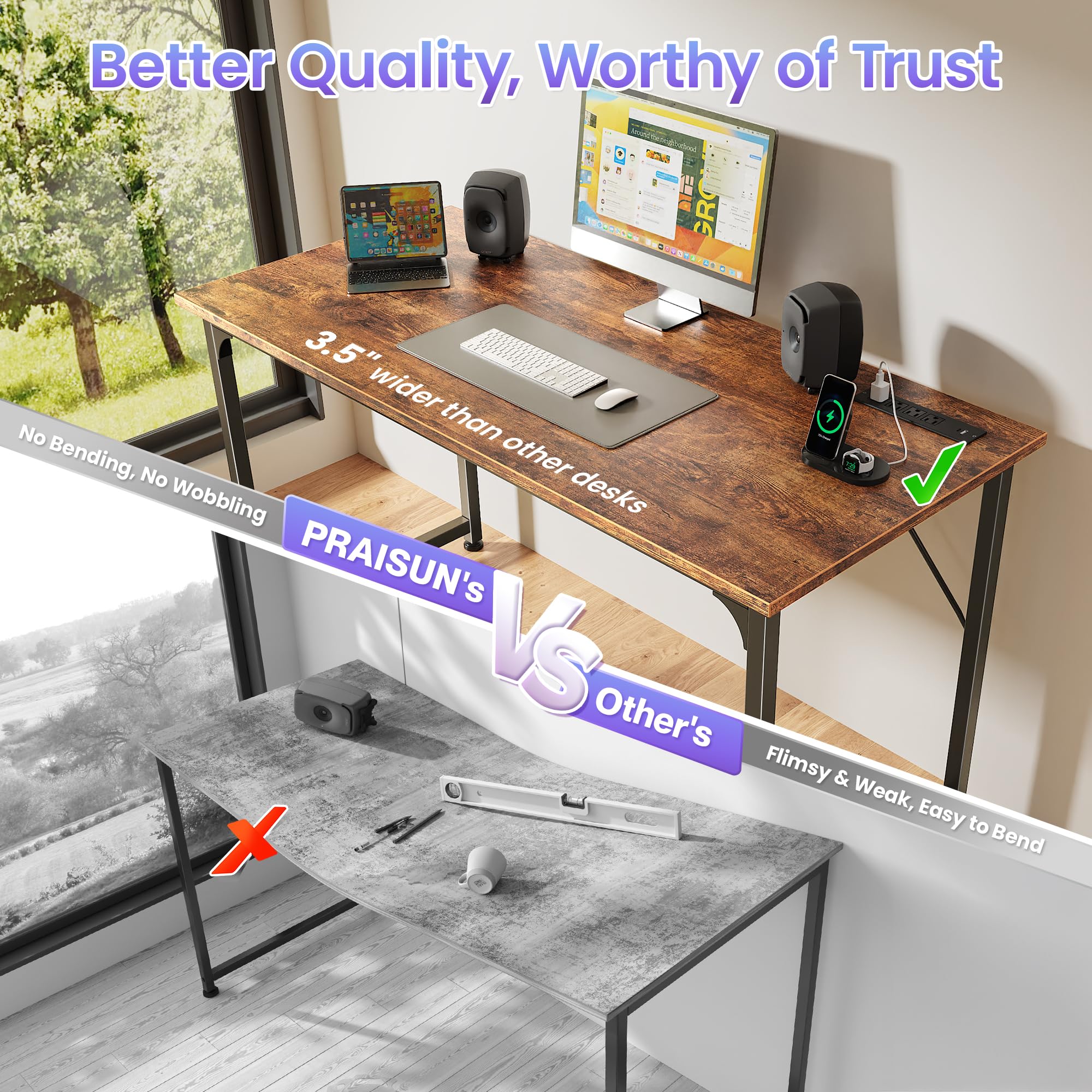 PRAISUN reinforced-structure desk with sturdy frame for daily use