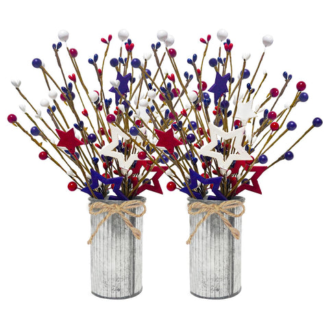 Prashent patriotic berry picks in a vase for festive centerpiece.