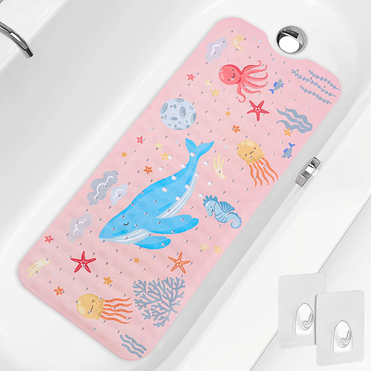 PRATIQUE pink whale bath mat top view for a safer tub experience with suction cups