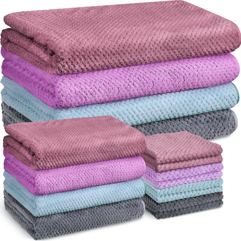 Preboun coral velvet towels set in four colors for coordinated bathroom use.