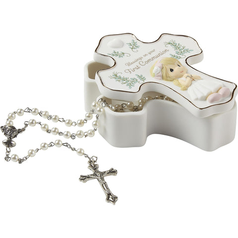 Precious Moments bisque porcelain rosary box side view highlights craftsmanship.