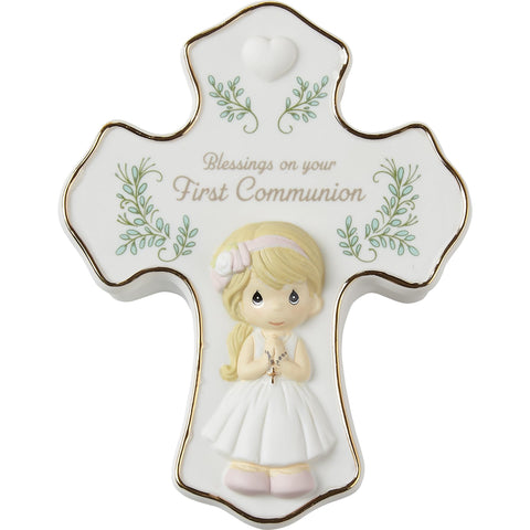 Precious Moments First Communion figurine detail on lid for keepsakes.