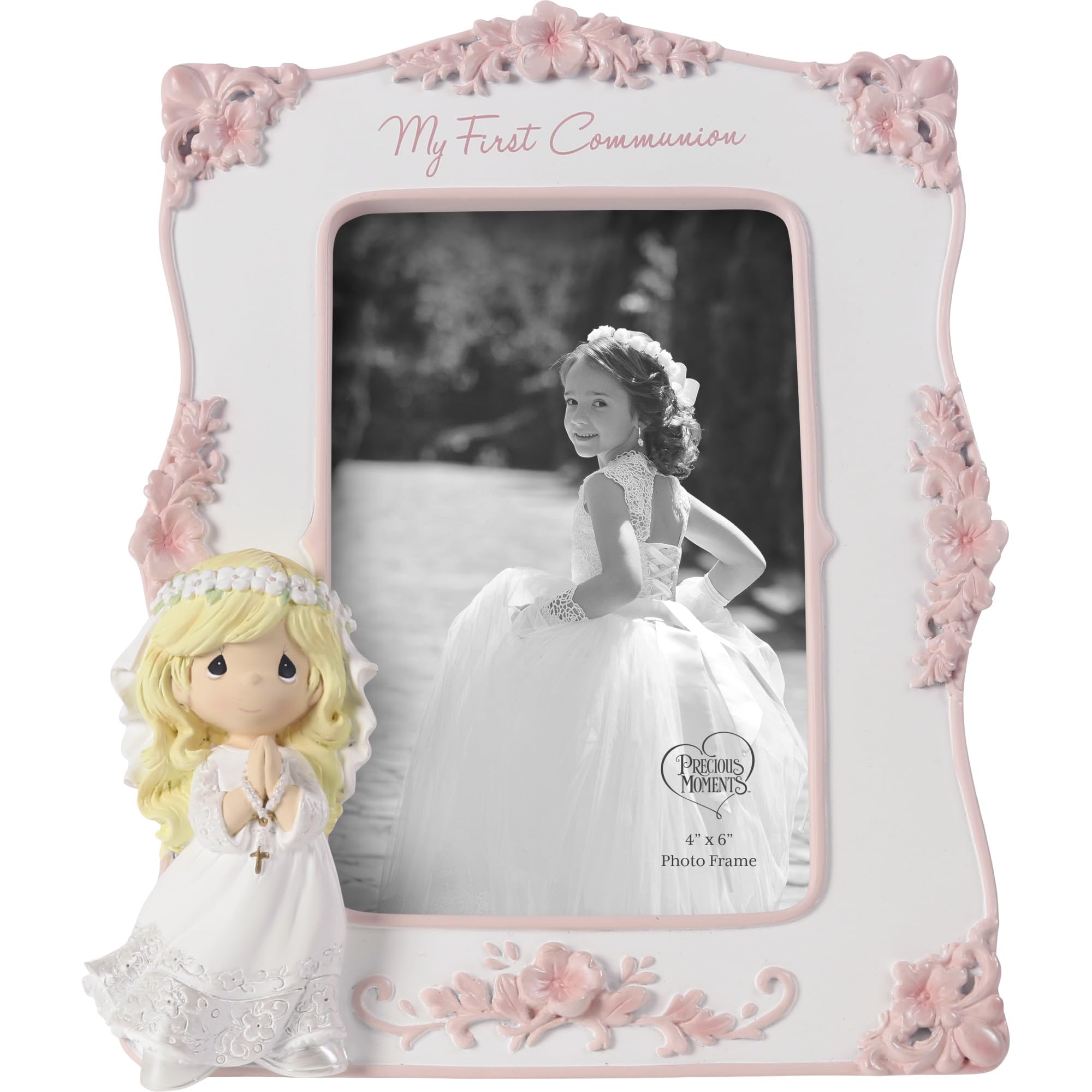 Precious Moments First Communion frame front view with pink floral trim a timeless keepsake.