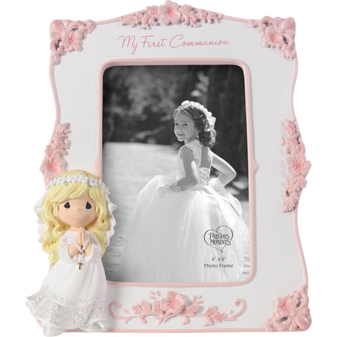 Precious Moments First Communion frame front view with pink floral trim a timeless keepsake.