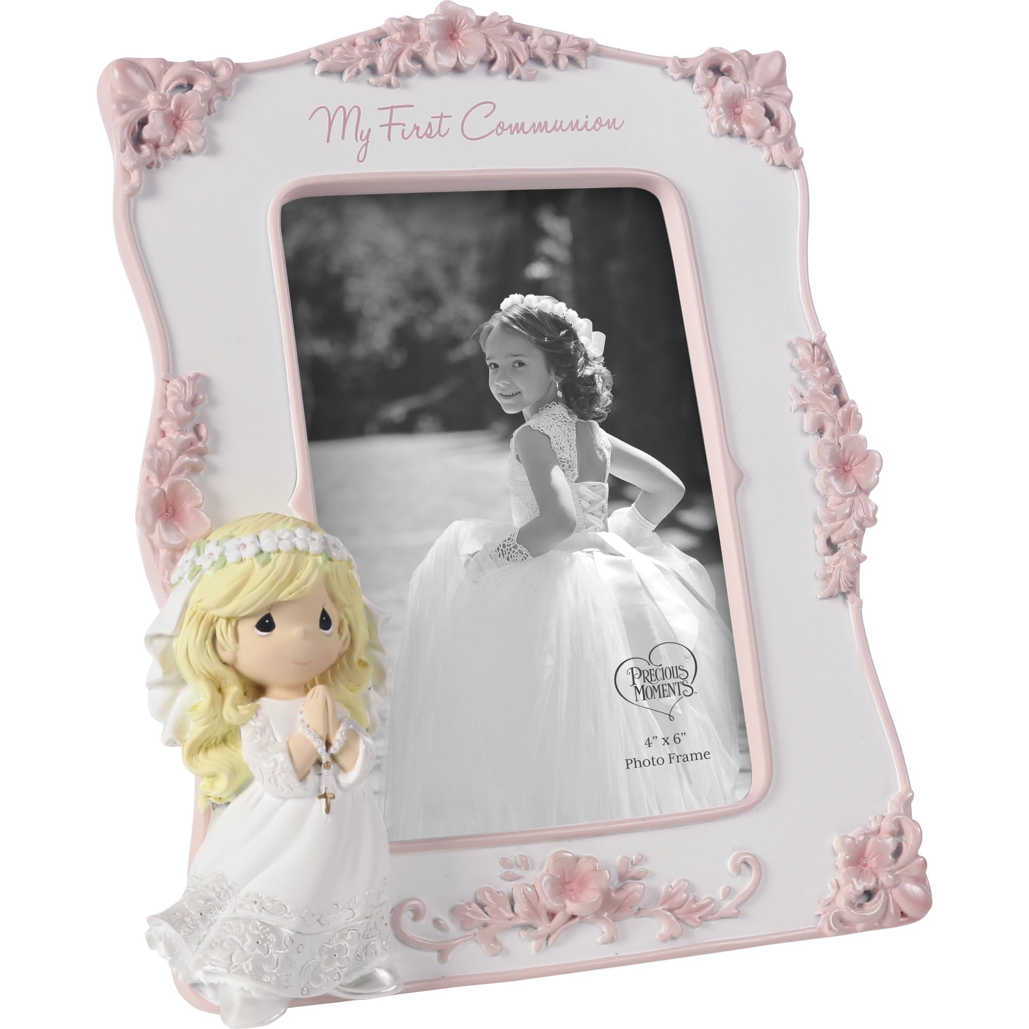 Precious Moments frame with pink flowers decor enhances any display.