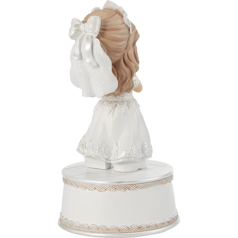 Precious Moments wind-up musical figurine plays The Lord's Prayer, adding serene faith-inspired ambiance