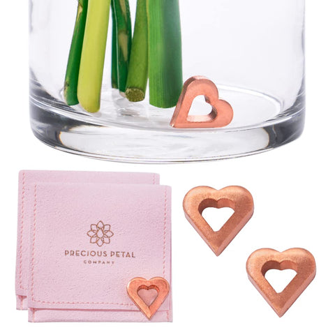 Precious Petal Co copper charm keeps vase water clean in a fresh bouquet setup.