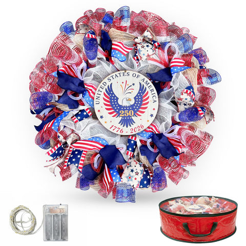 Presentastic 250th anniversary wreath on front door with detachable 1776-2026 sign for bold curb appeal