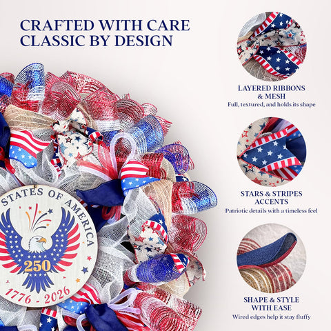 Presentastic layered patriotic detail enhances festive entryway visuals with handcrafted texture