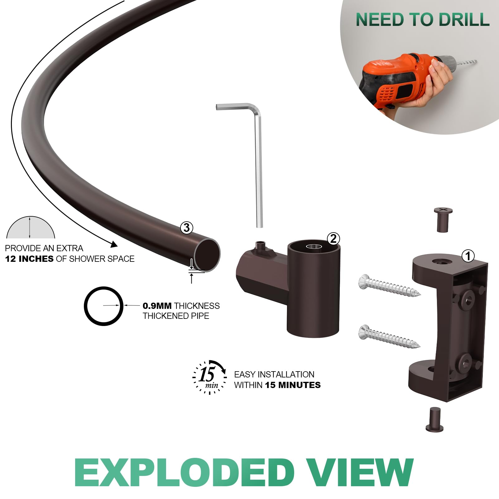 PrettyHome curved rod design providing up to 12 inches extra shower space.