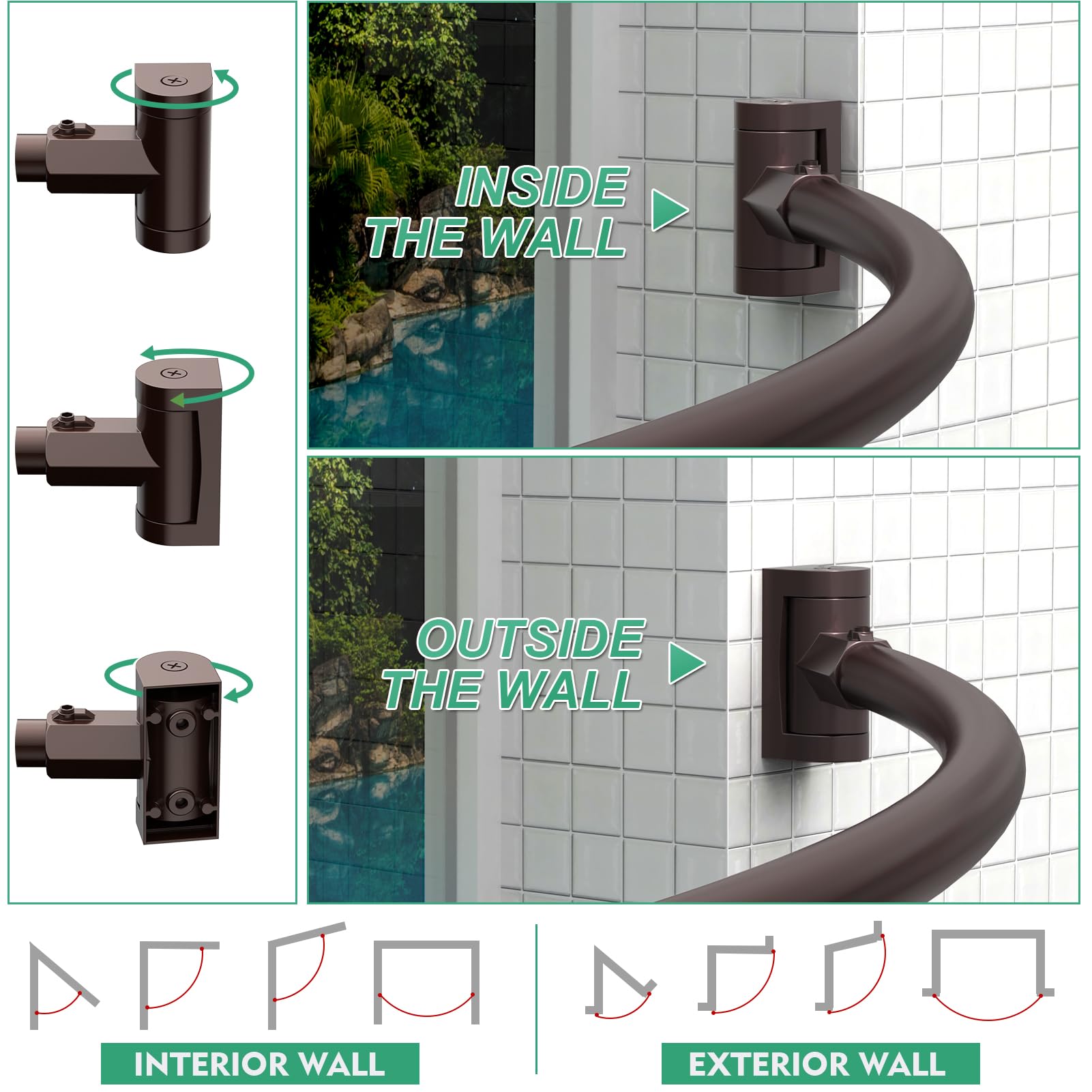 PrettyHome rust-proof material on curved shower rod for durability.