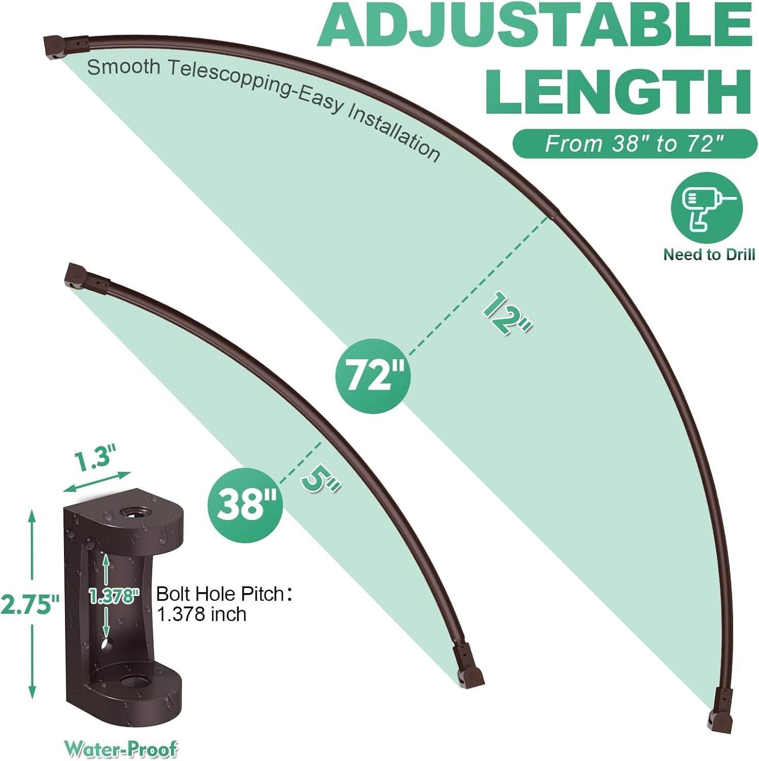 PrettyHome bronze curved shower rod with wall-mount install setup.