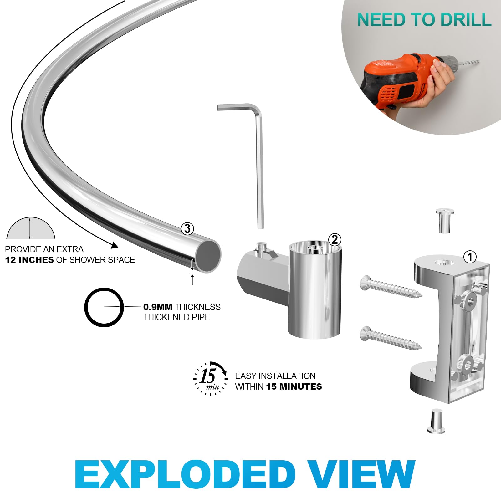 PrettyHome curved rod adds about 12 inches of shower space.