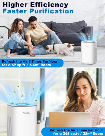 Priestley small air purifier front angle in a cozy bedroom for quiet purification.