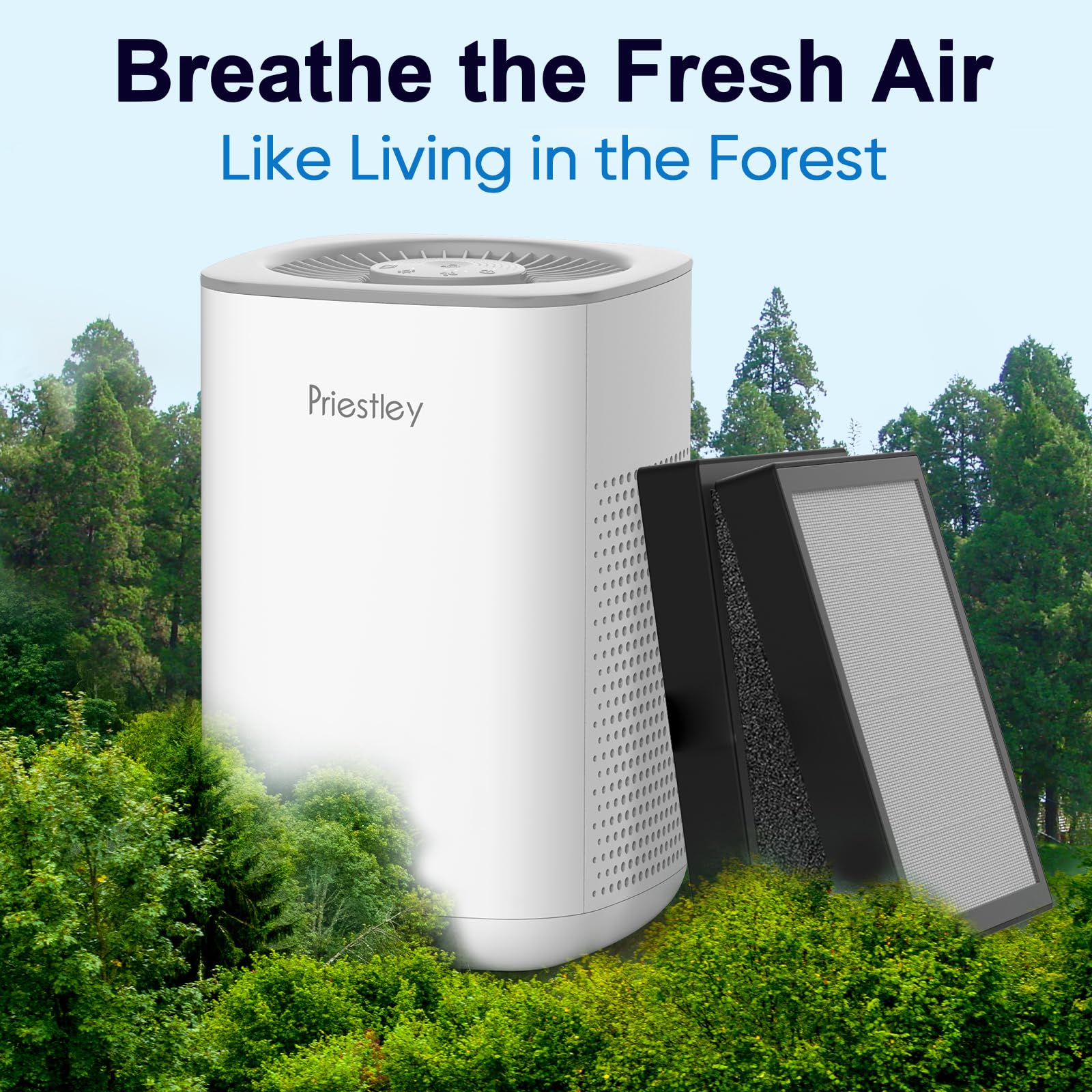 Priestley compact purifier on an office desk setup.