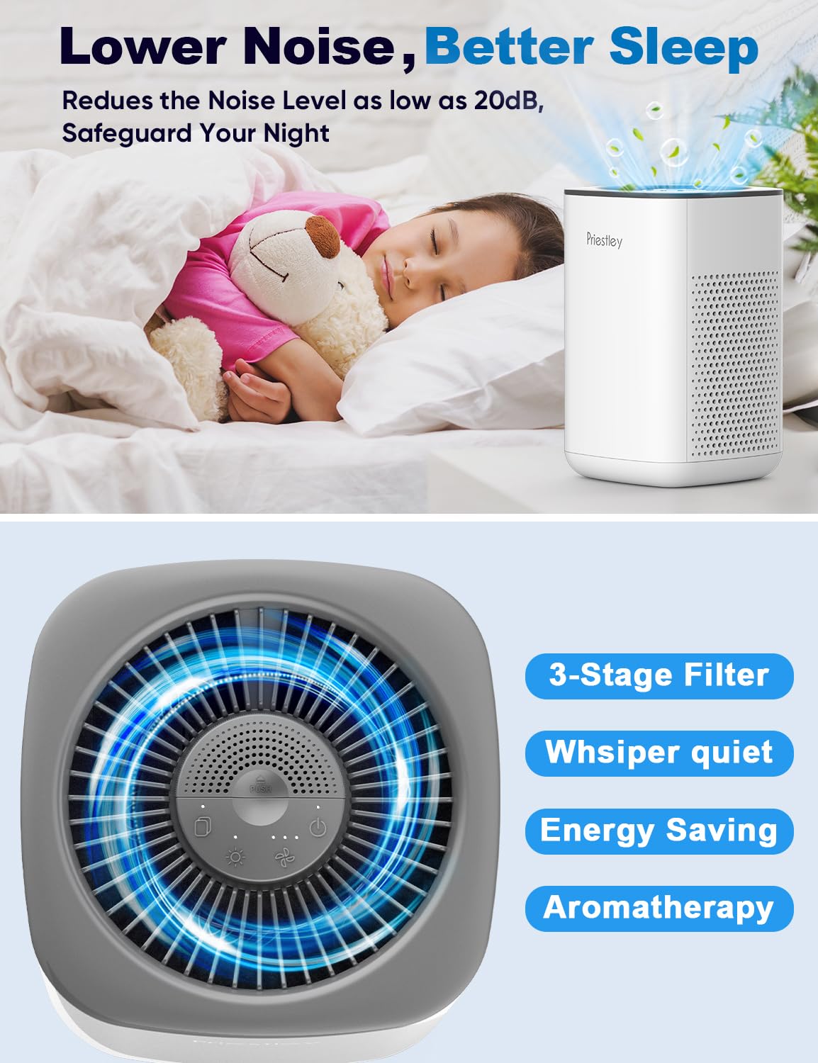 Priestley purifier operating silently at night to keep the room calm.