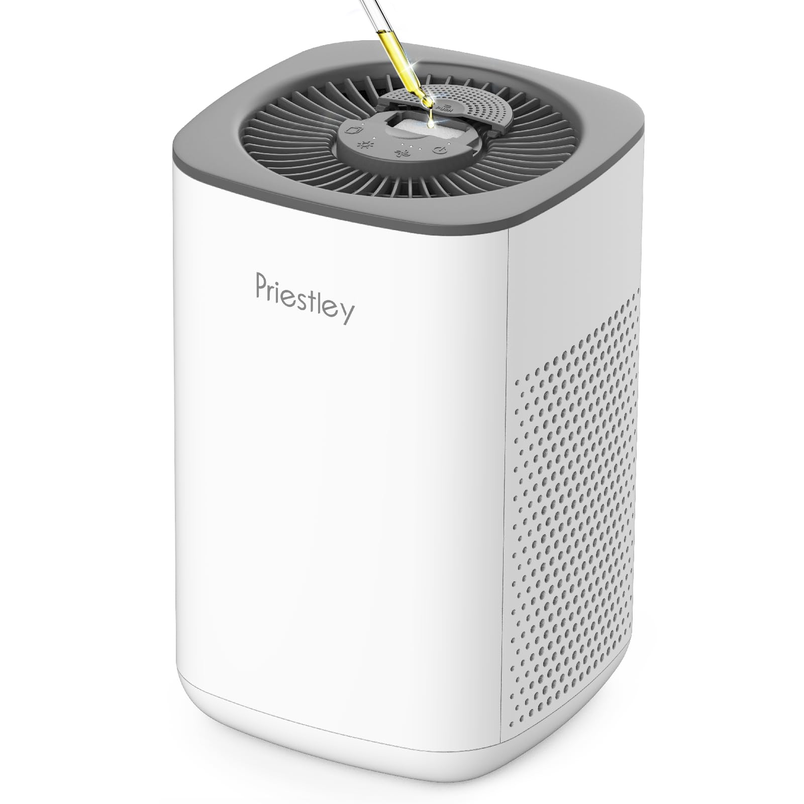Priestley small air purifier top view with aroma pad for fragrance diffusion.