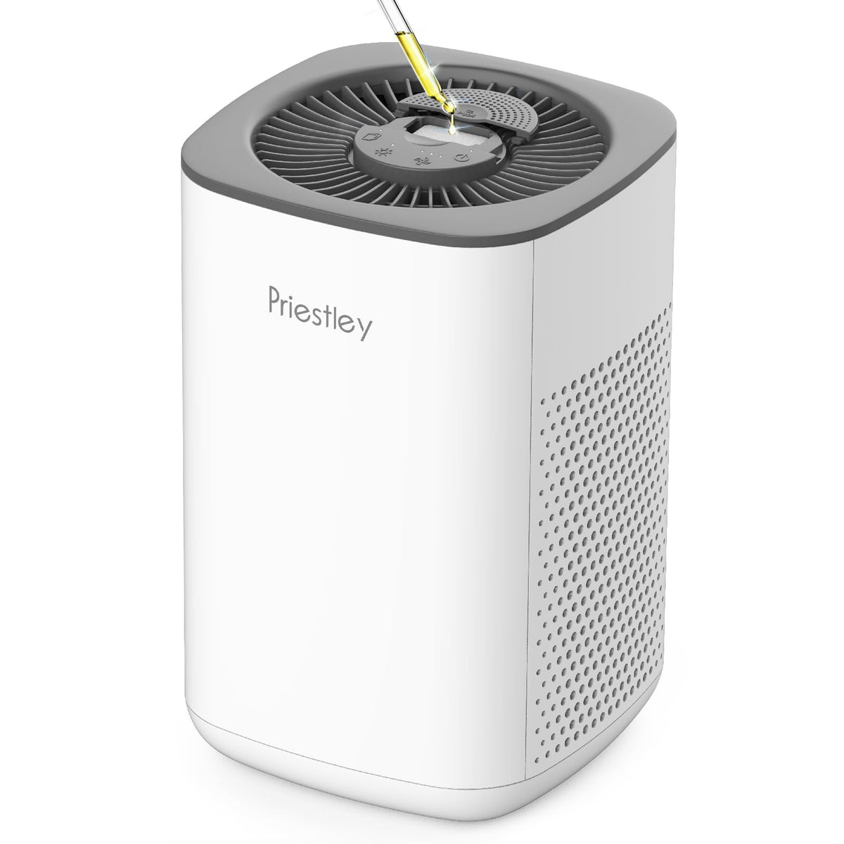 Priestley small air purifier top view with aroma pad for fragrance diffusion.