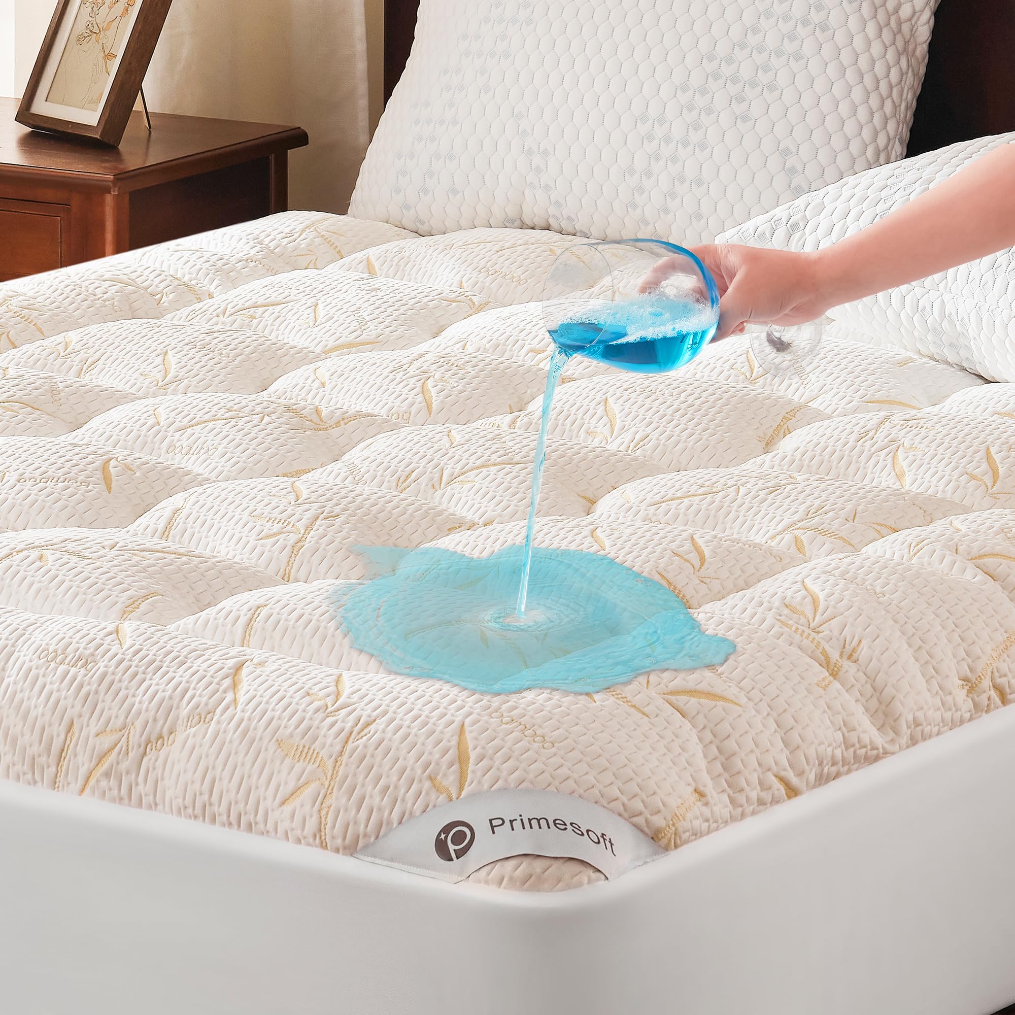 Primesoft waterproof queen topper close-up showing plush surface for dry nights