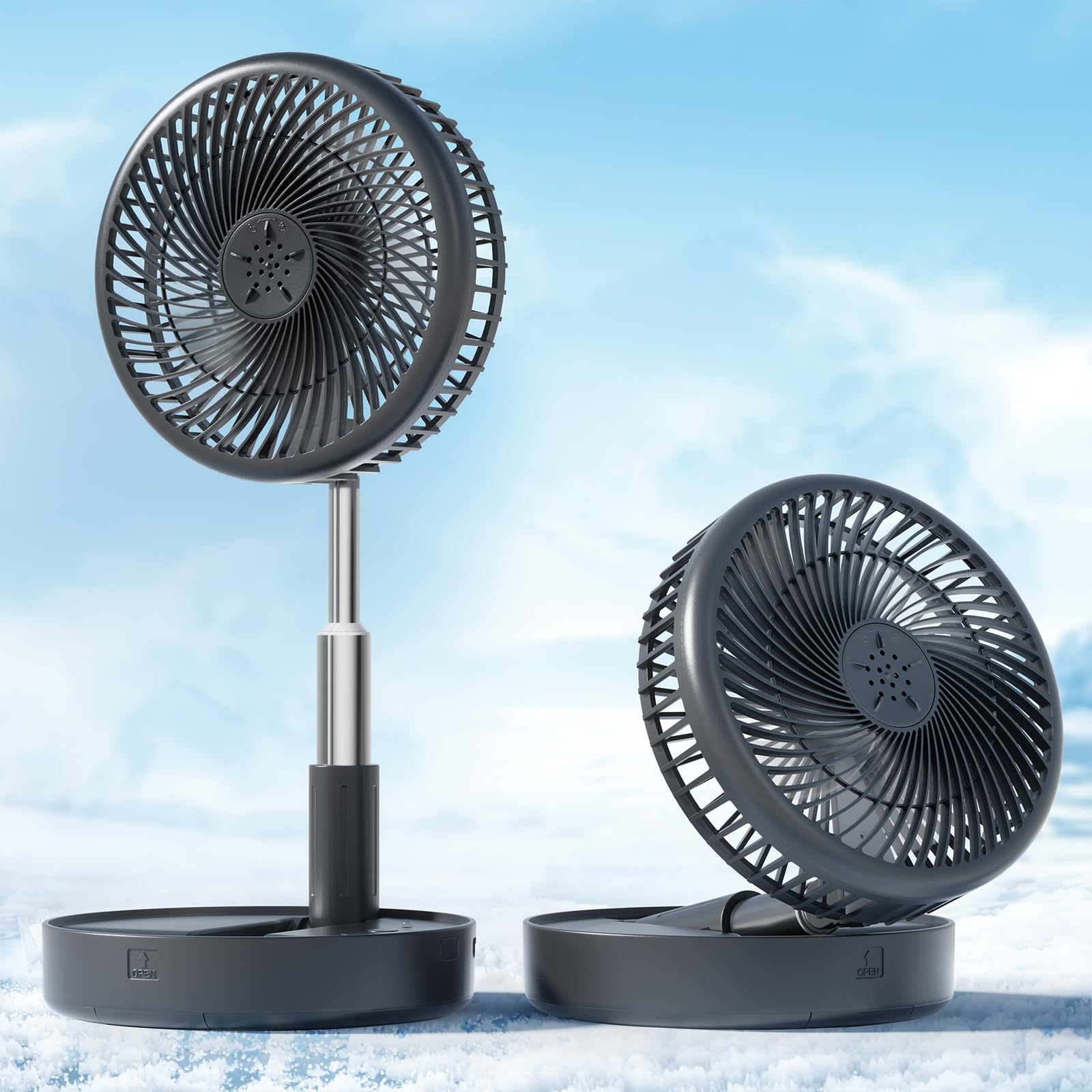 Primevolve battery-powered fan with foldable design for travel-friendly cooling.