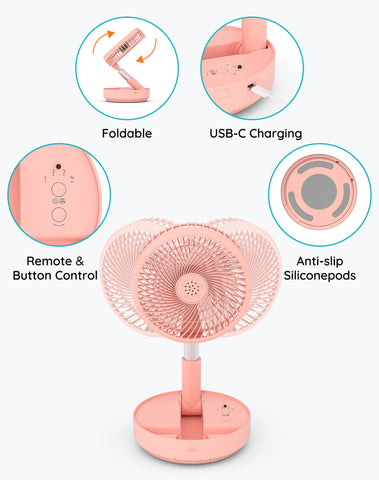 Primevolve pink travel-friendly fan ideal for camping and on-the-go cooling.