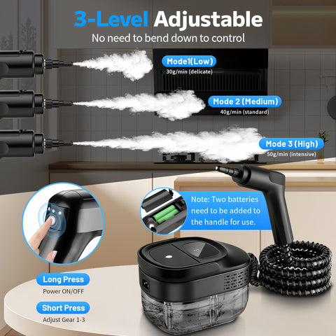 Primiorix steam cleaner handle showing three level control with LED indicators