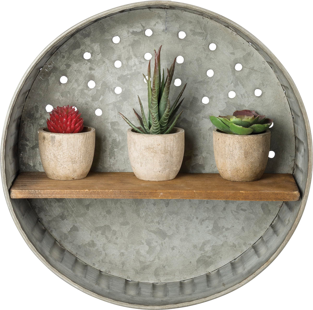Primitives by Kathy 38024 round distressed wall shelf in metal and wood adds rustic charm.