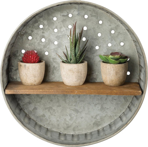 Primitives by Kathy 38024 round distressed wall shelf in metal and wood adds rustic charm.