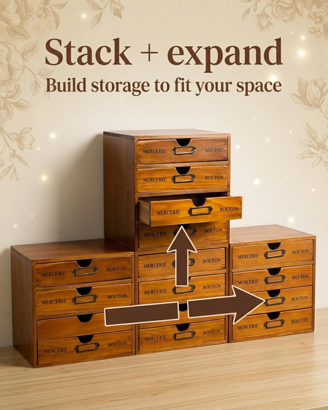 Primo Supply wood storage organization for sewing and craft supplies.
