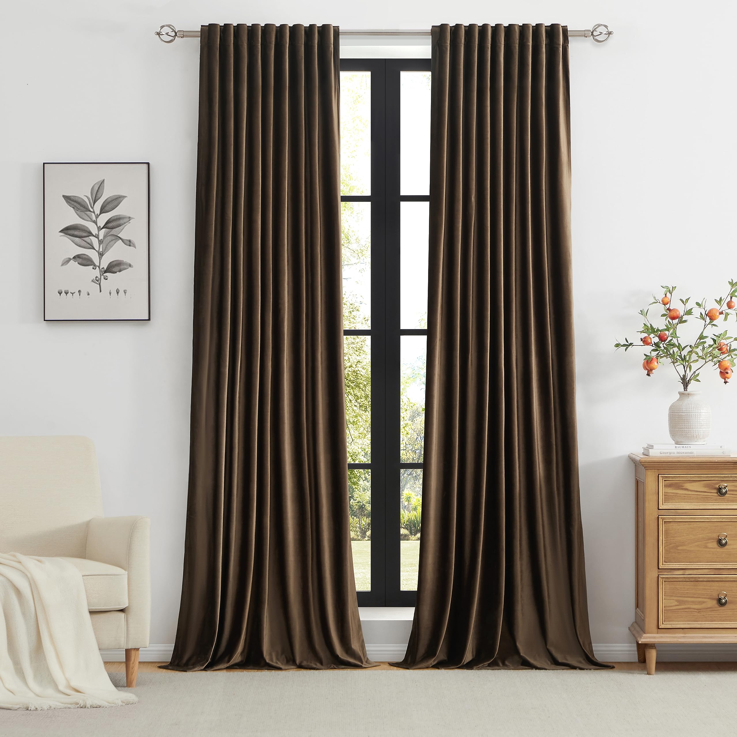 PRIMROSE Brown Velvet Curtains darkening coverage reduces glare and creates privacy.