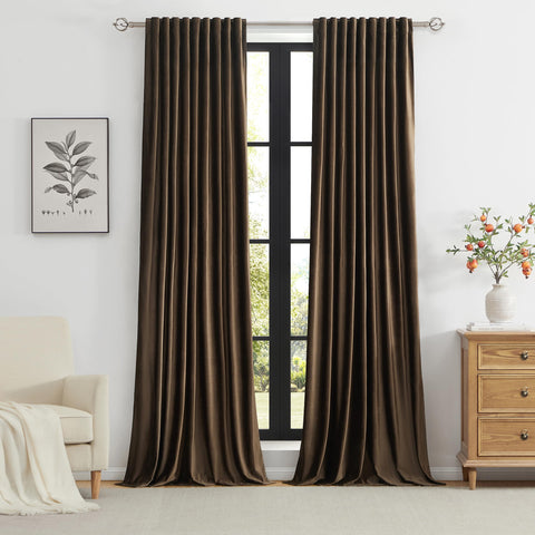 PRIMROSE Brown Velvet Curtains darkening coverage reduces glare and creates privacy.