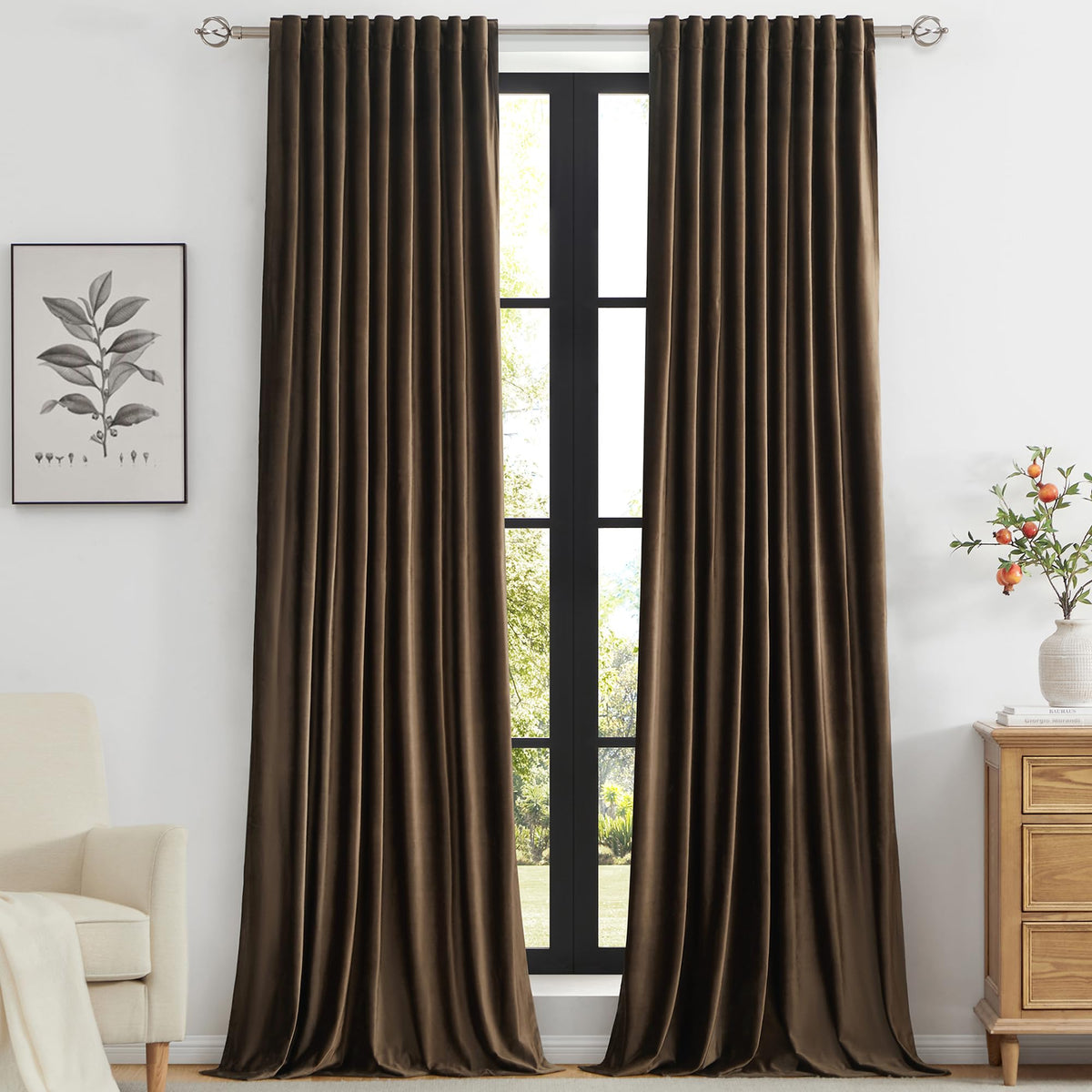 PRIMROSE Brown Velvet Curtains front view shows luxurious texture and generous coverage.