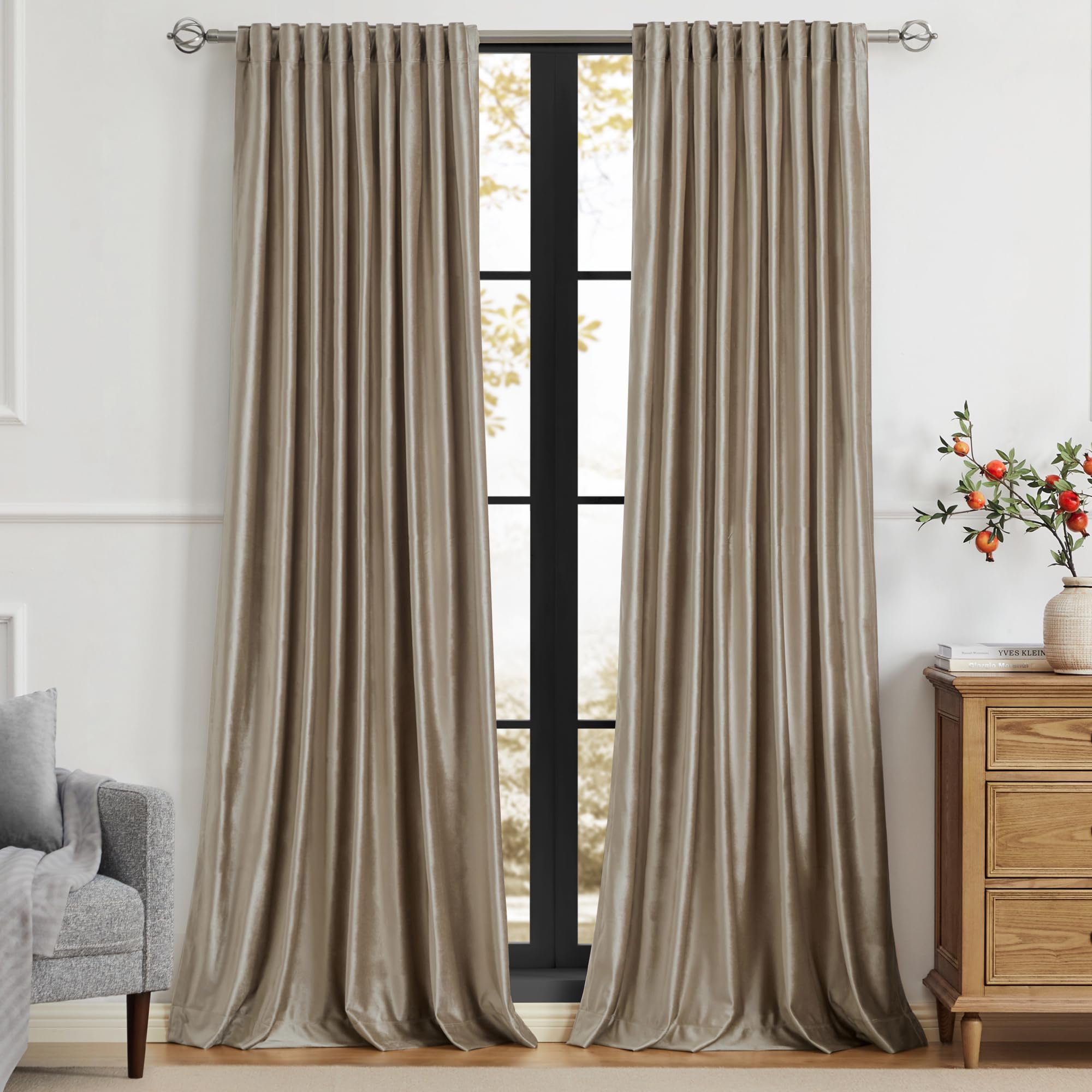 PRIMROSE Taupe velvet curtains, two-panel set with rod-pocket and back-tab options for easy, tidy hanging.