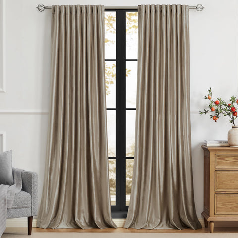 PRIMROSE Taupe velvet curtains, two-panel set with rod-pocket and back-tab options for easy, tidy hanging.