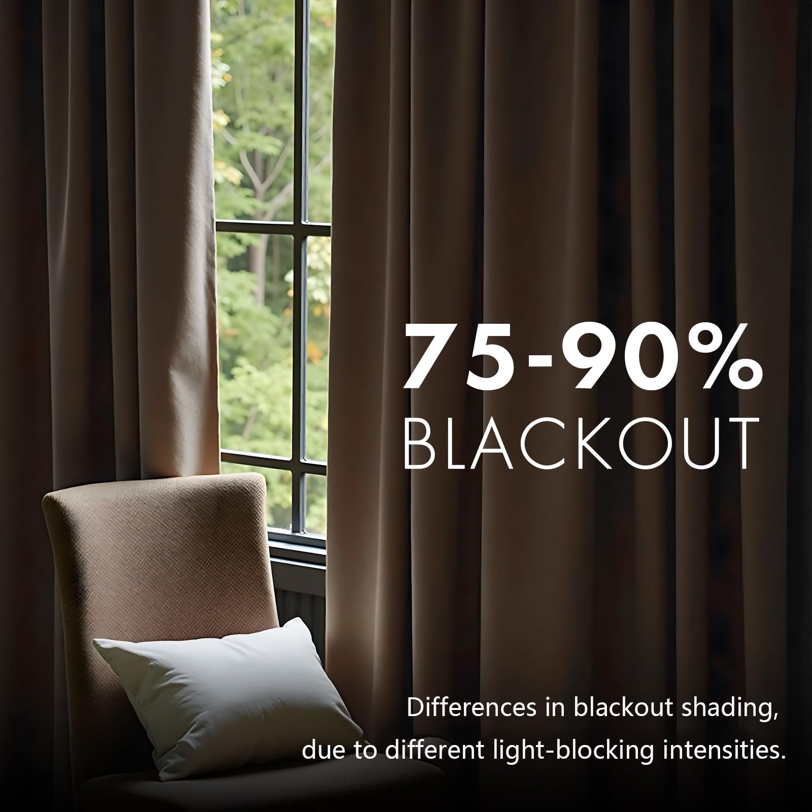 PRIMROSE Taupe velvet curtains demonstrating blackout capability for brighter TV nights.