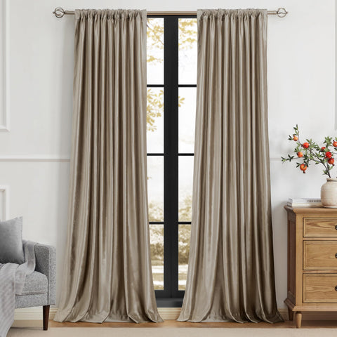 PRIMROSE Taupe velvet curtains being cared for, emphasizing machine washable ease.